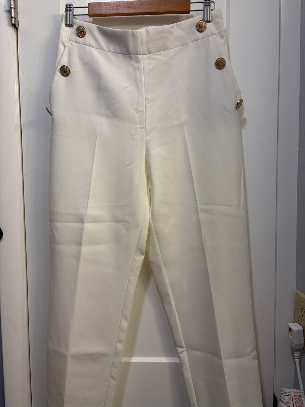 Cream High-Waist Tailored Women’s Pants with Button Detail